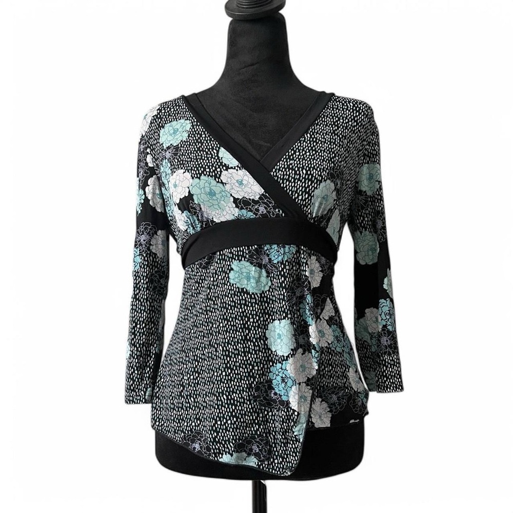 Vintage Floral & Polka Dot Wrap Style Tie-Back Three-Quarter Sleeve Top
